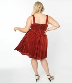 Trending Unique Vintage Plus Size Orange Honeycomb Velvet Pinafore Swing Dress