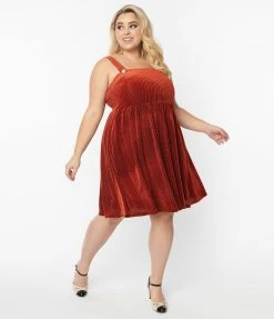 Trending Unique Vintage Plus Size Orange Honeycomb Velvet Pinafore Swing Dress
