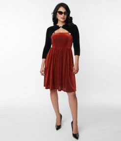 Unique Vintage Orange Honeycomb Velvet Pinafore Swing Dress Trending