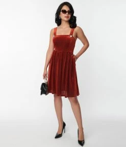 Unique Vintage Orange Honeycomb Velvet Pinafore Swing Dress Trending