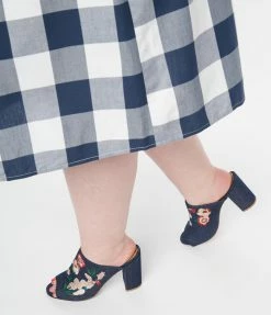 Qupid Blue Denim Floral Embroidered Mules Heels & Wedges
