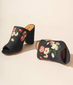 Qupid Blue Denim Floral Embroidered Mules Heels & Wedges