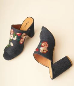 Qupid Blue Denim Floral Embroidered Mules Heels & Wedges