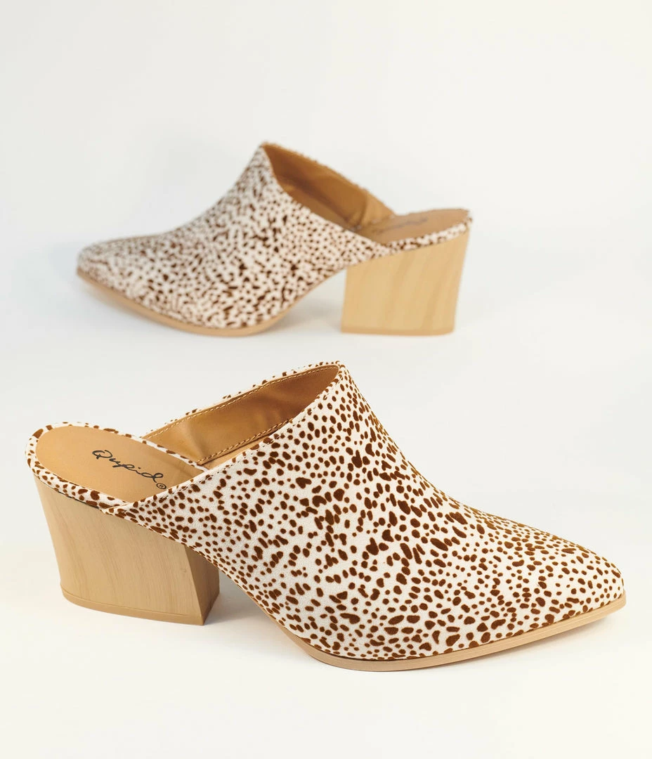 Qupid Cream & Brown Cheetah Suede Mule Heels