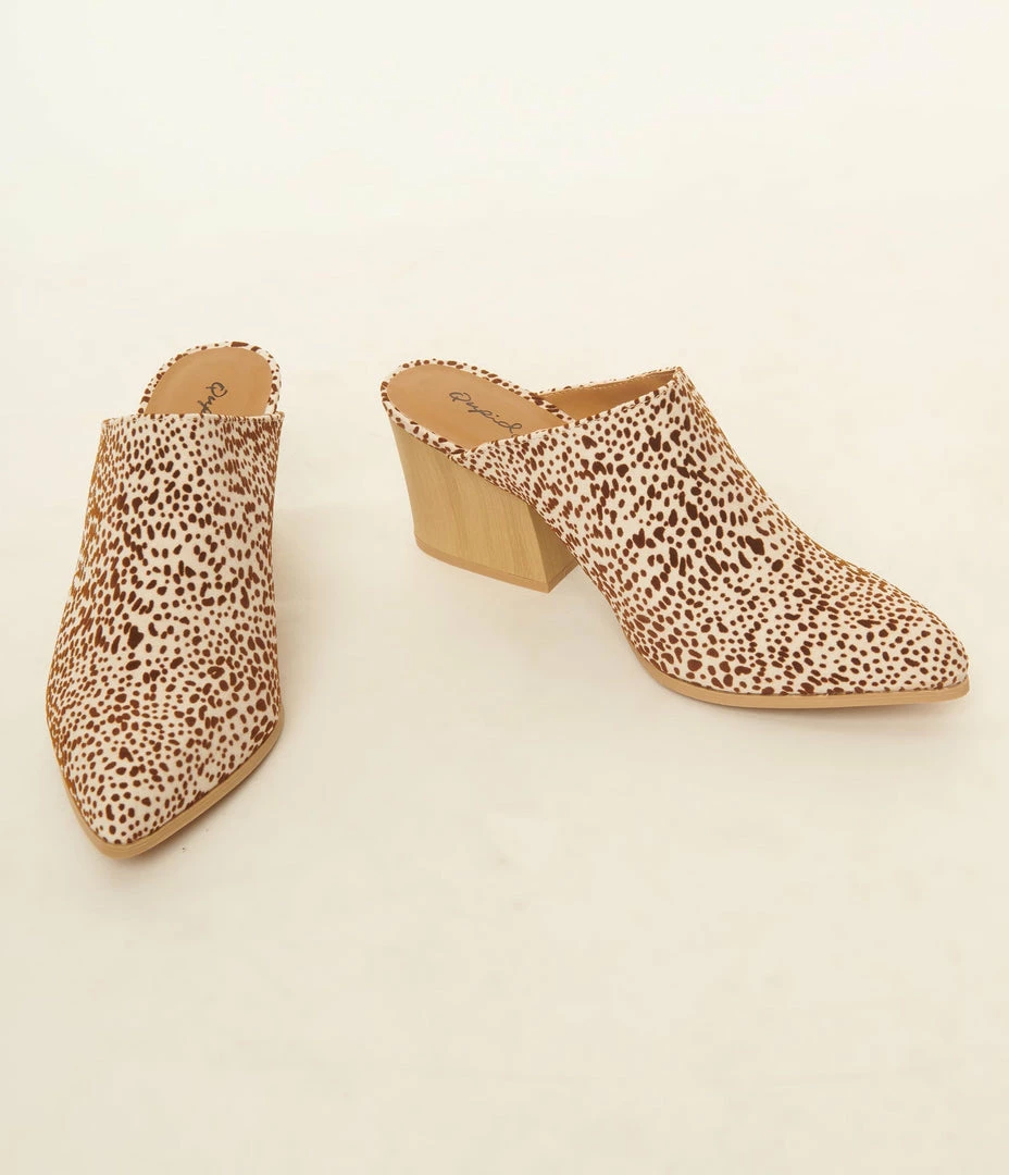 Qupid Cream & Brown Cheetah Suede Mule Heels