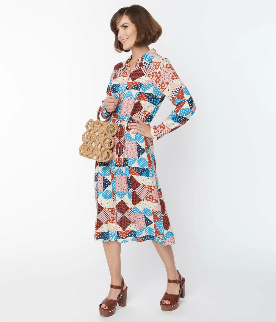 Compania Fantastica Blue & Pink Floral Patchwork Midi Dress Clothing