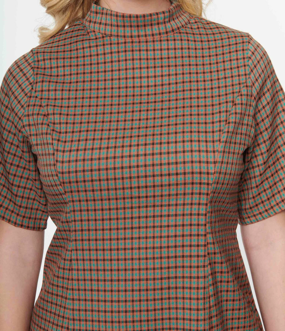 Compania Fantastica Brown & Green Gingham Mini Shift Dress
