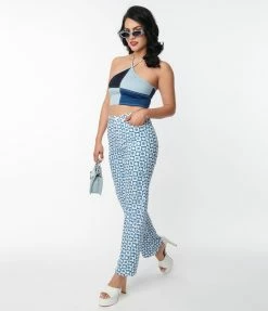 Polagram (Well Made) Blue & White Checkered Daisy Print Jeans