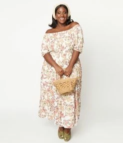 Polagram (Well Made) Sale Plus Size Ivory & Pink Floral Maxi Dress