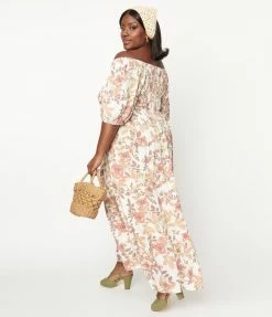 Polagram (Well Made) Sale Plus Size Ivory & Pink Floral Maxi Dress