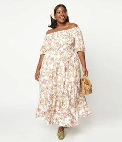 Polagram (Well Made) Sale Plus Size Ivory & Pink Floral Maxi Dress