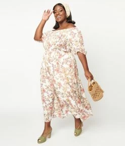 Polagram (Well Made) Sale Plus Size Ivory & Pink Floral Maxi Dress