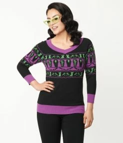 Sale Unique Vintage 1950s Black Coffins & Cats Fair Isle Pattern Scully Sweater