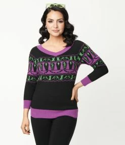 Sale Unique Vintage 1950s Black Coffins & Cats Fair Isle Pattern Scully Sweater