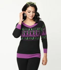 Sale Unique Vintage 1950s Black Coffins & Cats Fair Isle Pattern Scully Sweater