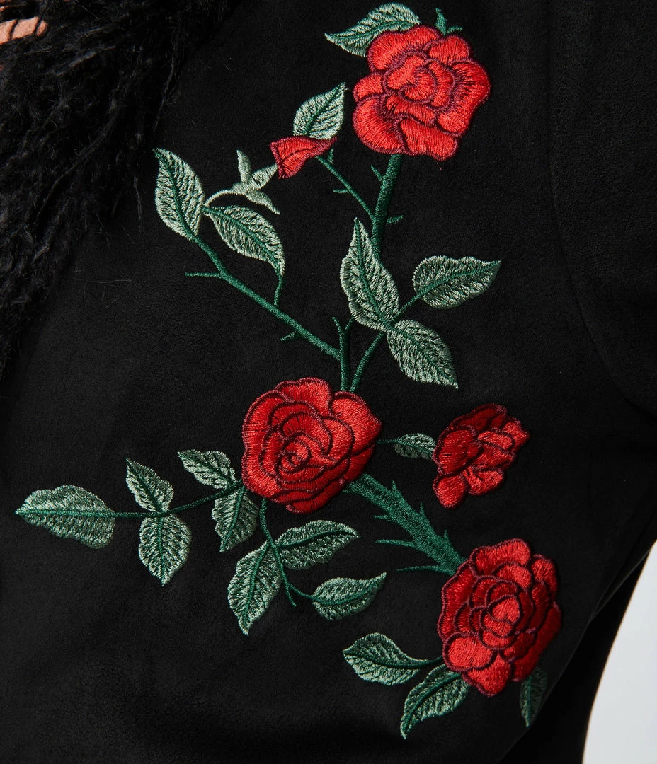 Silver Stop Inc. (Jawbreaker) Black & Red Rose Embroidered Suede Coat