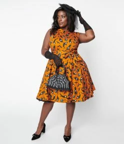 Miss Lulo, Inc. Plus Size Orange & Spooky Ghost Print Swing Dress