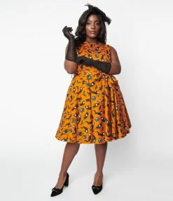 Miss Lulo, Inc. Plus Size Orange & Spooky Ghost Print Swing Dress