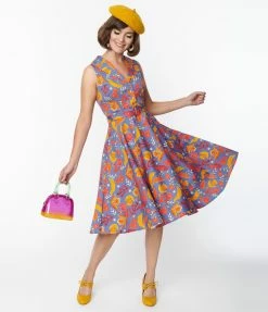 Miss Lulo, Inc. Dusty Blue & Autumn Leaves Jani Swing Dress