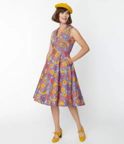 Miss Lulo, Inc. Dusty Blue & Autumn Leaves Jani Swing Dress