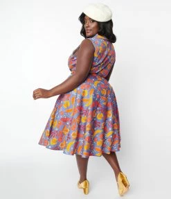 Miss Lulo, Inc. Trending Plus Size Dusty Blue & Autumn Leaves Jani Swing Dress