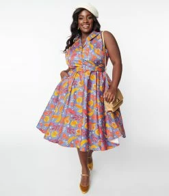 Miss Lulo, Inc. Trending Plus Size Dusty Blue & Autumn Leaves Jani Swing Dress