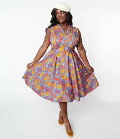 Miss Lulo, Inc. Trending Plus Size Dusty Blue & Autumn Leaves Jani Swing Dress