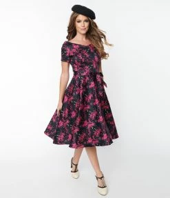 Miss Lulo, Inc. Black & Hot Pink Cat Print Bella Swing Dress Clothing
