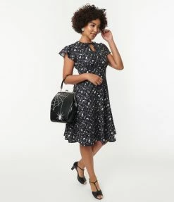 Silver Stop Inc. (Voodoo Vixen) Voodoo Vixen Black & Ivory Cats & Florals Flare Dress Sale