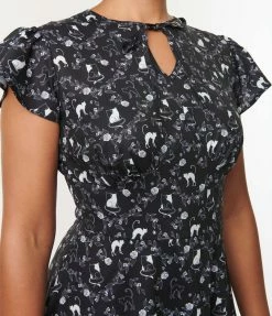 Silver Stop Inc. (Voodoo Vixen) Voodoo Vixen Black & Ivory Cats & Florals Flare Dress Sale