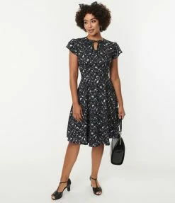 Silver Stop Inc. (Voodoo Vixen) Voodoo Vixen Black & Ivory Cats & Florals Flare Dress Sale