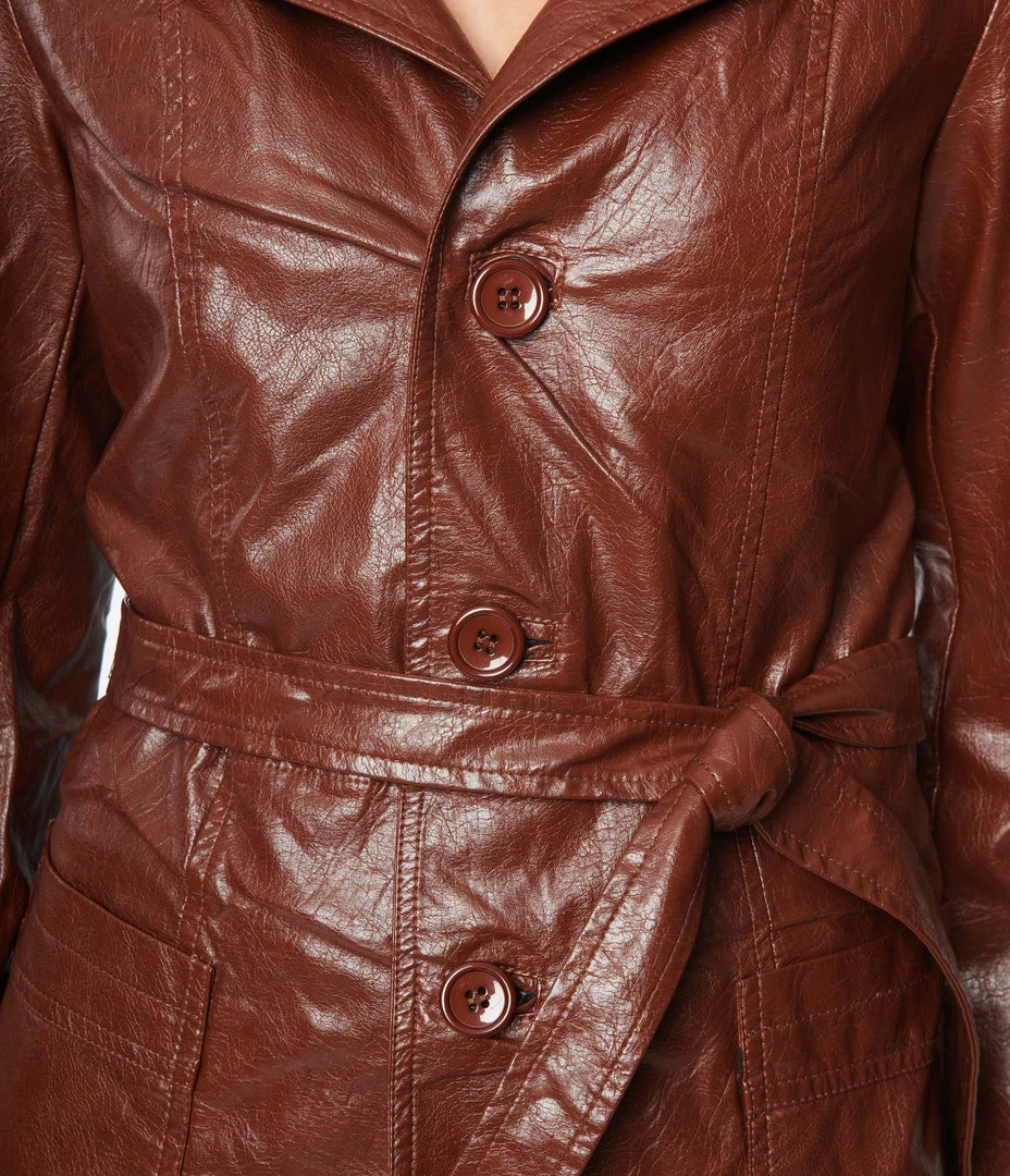 Molly Bracken Clothing Brown Leatherette Wrap Coat