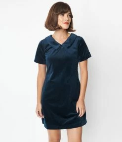 Molly Bracken Clothing Navy Velvet Collared Shift Dress