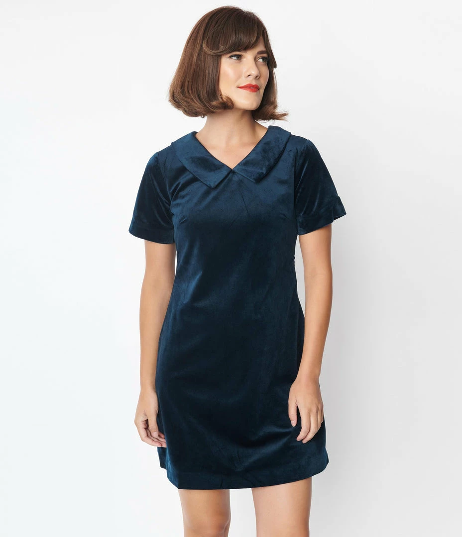 Molly Bracken Clothing Navy Velvet Collared Shift Dress