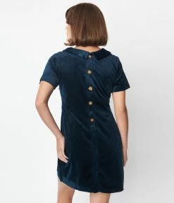 Molly Bracken Clothing Navy Velvet Collared Shift Dress