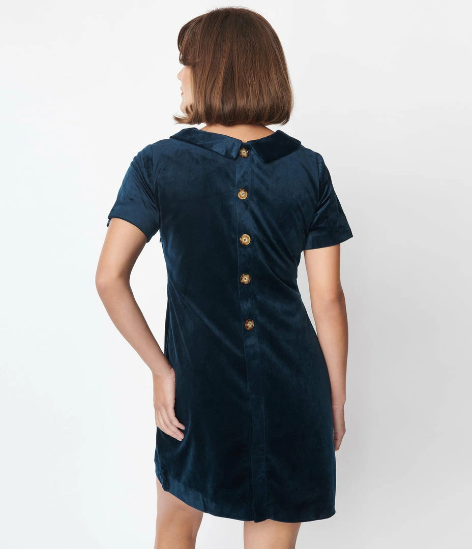 Molly Bracken Clothing Navy Velvet Collared Shift Dress
