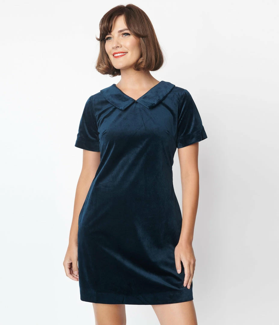 Molly Bracken Clothing Navy Velvet Collared Shift Dress