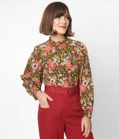 Molly Bracken Retro Red & Green Floral Ruffled Blouse New Arrivals!