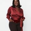 Unique Vintage Plus Size Burgundy Satin Western Wrap Crop Top