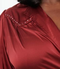 Unique Vintage Plus Size Burgundy Satin Western Wrap Crop Top