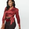 Clothing Unique Vintage Burgundy Satin Western Wrap Crop Top