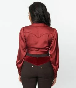 Clothing Unique Vintage Burgundy Satin Western Wrap Crop Top