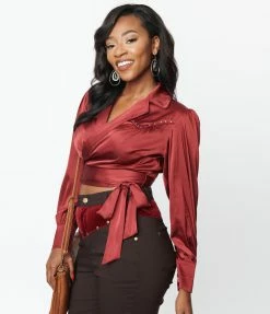 Clothing Unique Vintage Burgundy Satin Western Wrap Crop Top