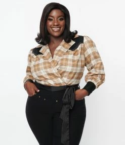 Unique Vintage Plus Size Brown Sparkle Plaid Western Wrap Crop Top Clothing