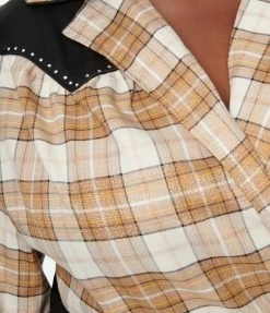 Unique Vintage Plus Size Brown Sparkle Plaid Western Wrap Crop Top Clothing