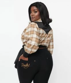 Unique Vintage Plus Size Brown Sparkle Plaid Western Wrap Crop Top Clothing