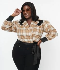 Unique Vintage Plus Size Brown Sparkle Plaid Western Wrap Crop Top Clothing