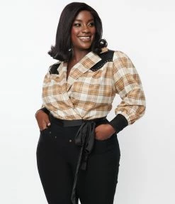Unique Vintage Plus Size Brown Sparkle Plaid Western Wrap Crop Top Clothing