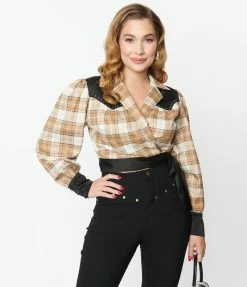 Unique Vintage Brown Sparkle Plaid Western Wrap Crop Top Clothing