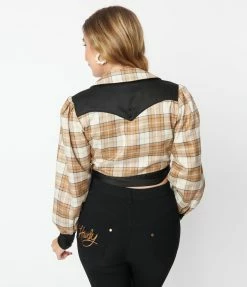 Unique Vintage Brown Sparkle Plaid Western Wrap Crop Top Clothing